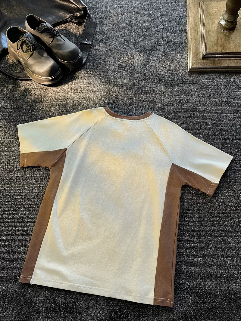 Áo thun ngắn tay kiểu Mỹ cổ điển phối vải chắp vá dành cho nam và nữ, áo thun cơ bản rộng rãi, thời trang, chất liệu cotton dày dặn, mùa hè.