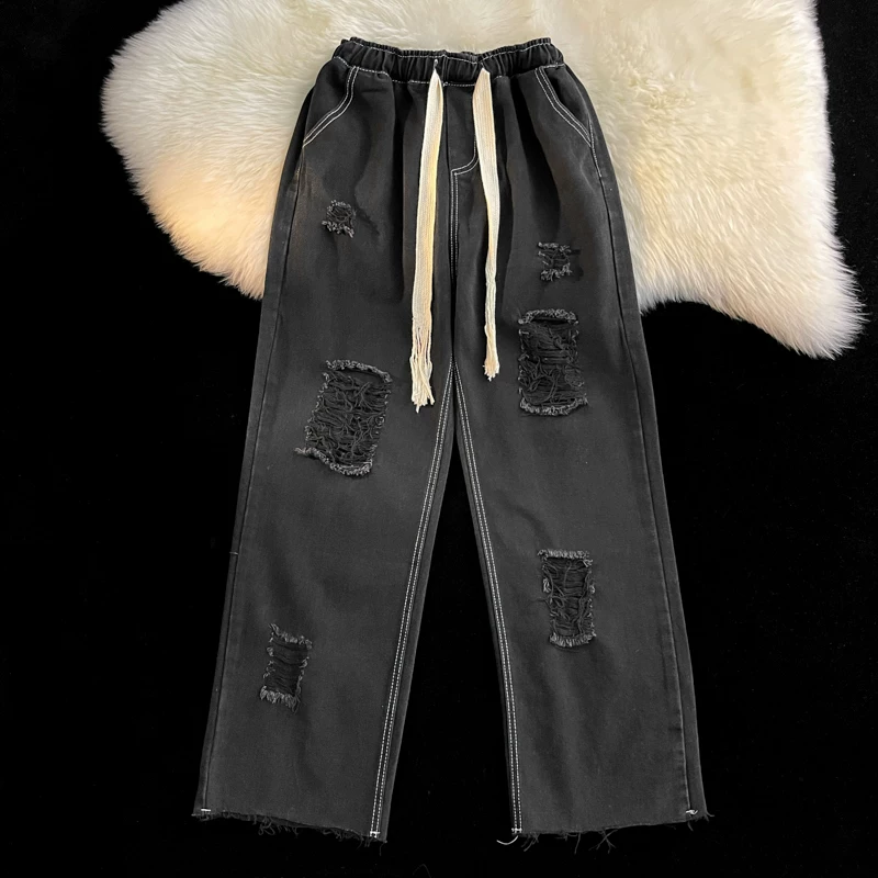 Quần jean rách kiểu Nhật dành cho nam, quần đôi sinh viên đa năng mùa hè, quần dài ống rộng có dây rút hợp thời trang.