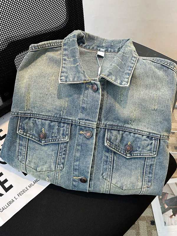 Áo khoác denim đã qua xử lý, hiệu ứng râu ria, dành cho nam, thiết kế thời trang xuân thu, kiểu dáng rộng rãi, phong cách retro Mỹ, áo khoác kiểu workwear.