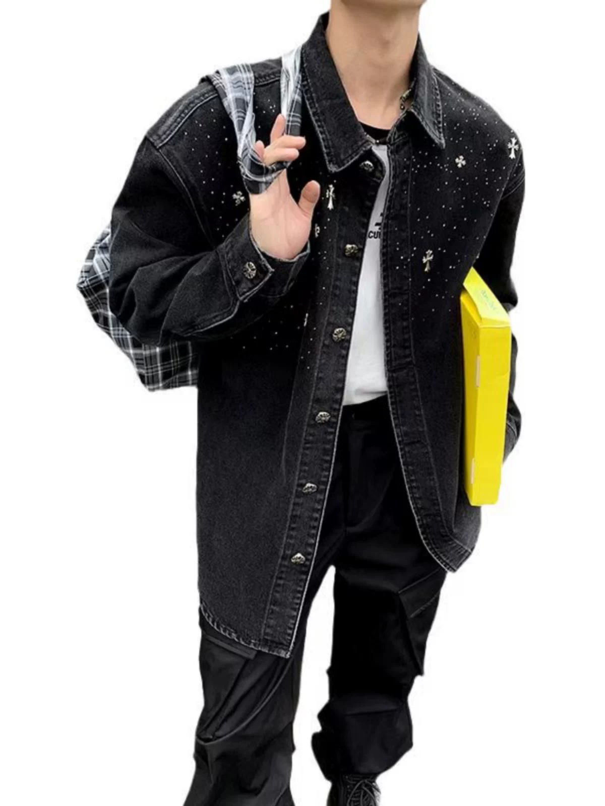 Áo khoác denim đính đá cho mùa xuân và mùa thu, thương hiệu thời thượng mang cảm giác cao cấp, kiểu dáng rộng rãi thoải mái, áo khoác công sở phong cách Mỹ dành cho nam.