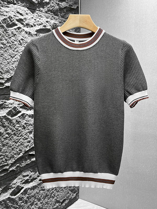 Áo thun nam tay ngắn dệt kim phối màu kiểu Mỹ, áo thun mùa hè mới chất liệu lụa băng thoáng khí, cảm giác cao cấp, kiểu dáng rộng rãi.