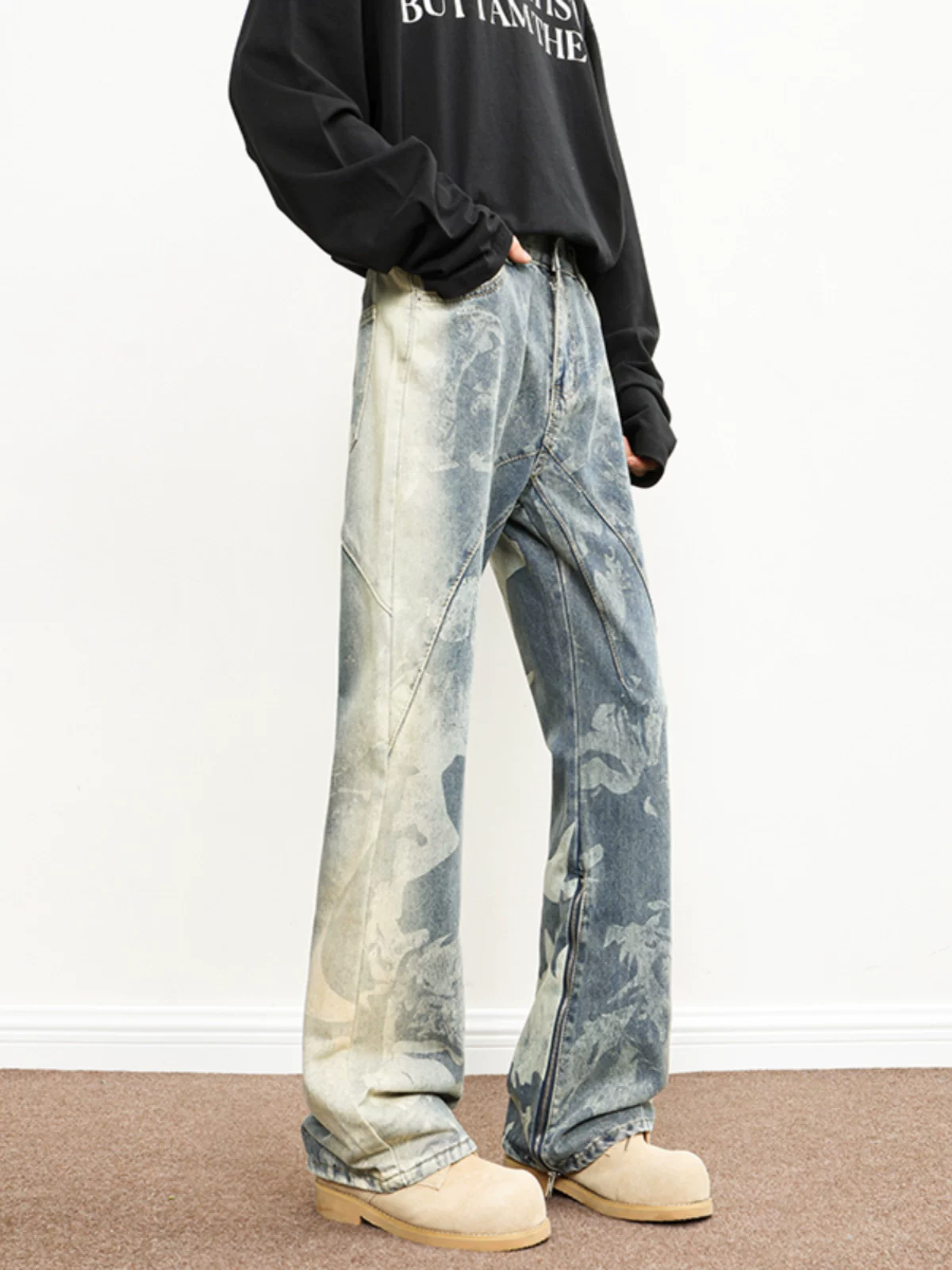 Quần jean tie-dye Totem dành cho nam, quần vintage phong cách Mỹ, quần ống loe dáng thẳng hợp thời trang mùa xuân thu.