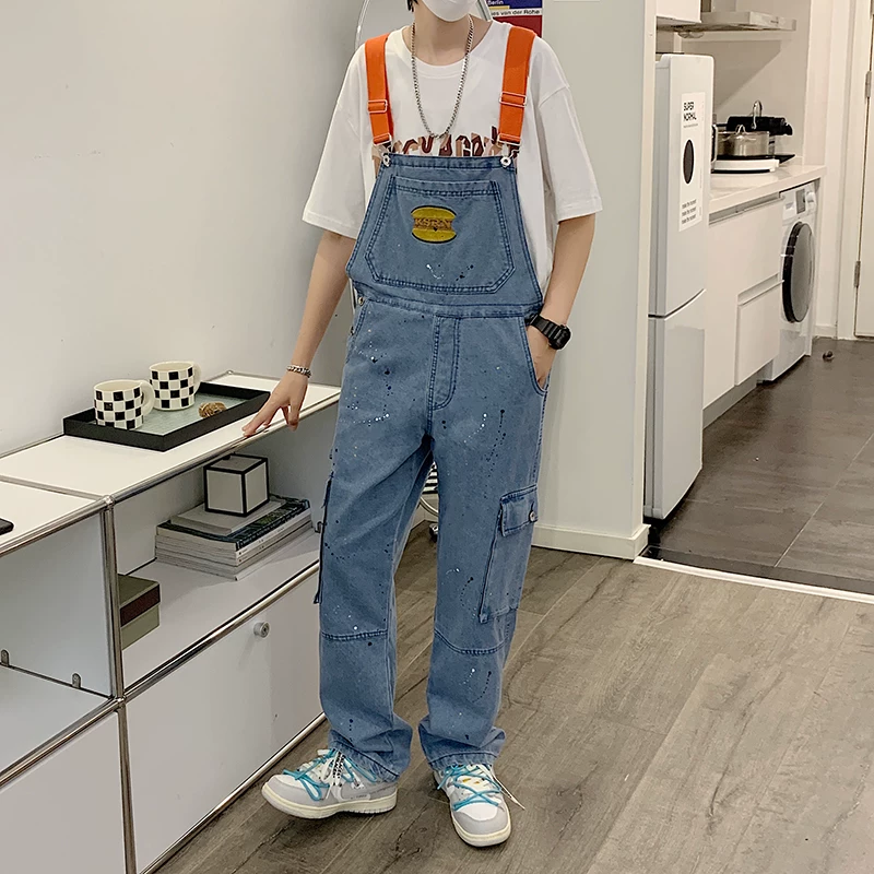 Quần yếm kiểu Mỹ cổ điển dành cho nam, quần jean cặp đôi hợp thời trang mùa xuân thu, quần ống rộng phong cách Hồng Kông.