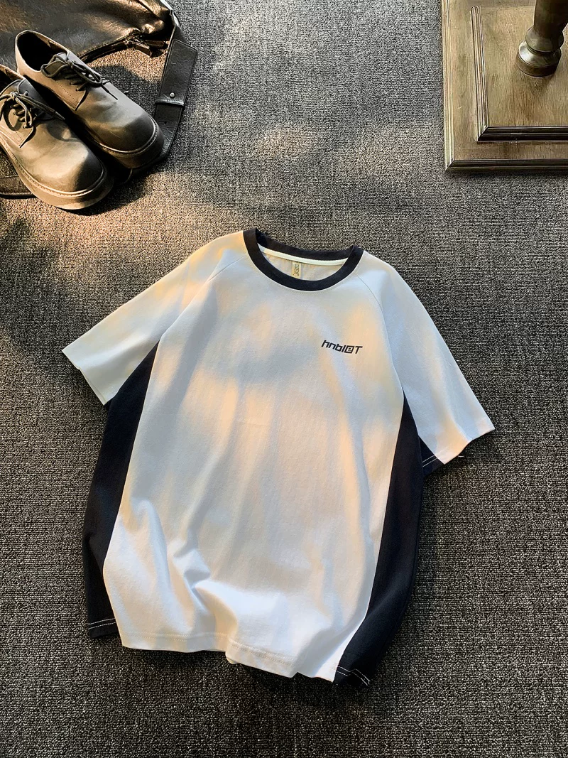 Áo thun ngắn tay kiểu Mỹ cổ điển phối vải chắp vá dành cho nam và nữ, áo thun cơ bản rộng rãi, thời trang, chất liệu cotton dày dặn, mùa hè.