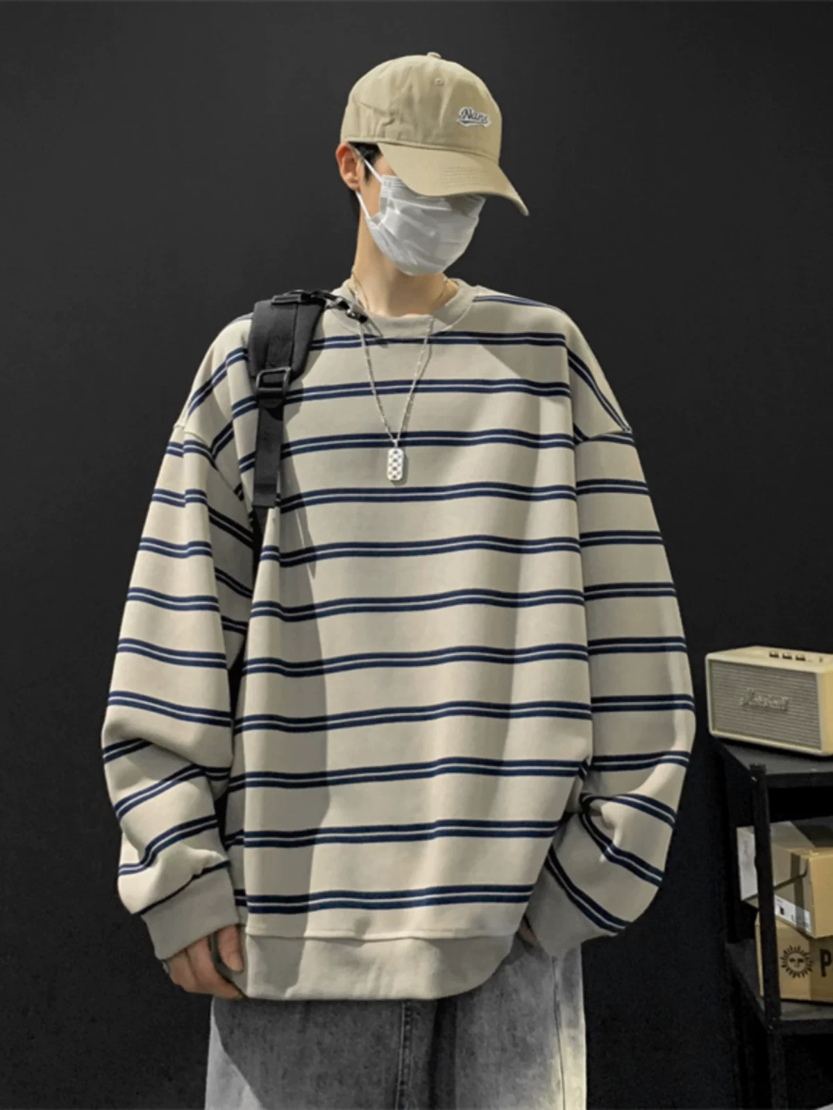 Áo thun kẻ sọc dày dặn dành cho nam, kiểu dáng rộng rãi thời trang xuân thu, chất liệu cotton nguyên chất, áo thun tay dài phong cách Mỹ cổ điển dành cho cặp đôi.