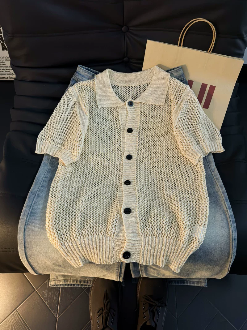 Áo dệt kim tay ngắn phong cách Old Money dành cho nam, áo mùa hè rộng rãi thoáng khí, áo khoác thường ngày phong cách cặp đôi của thương hiệu thời trang Mỹ