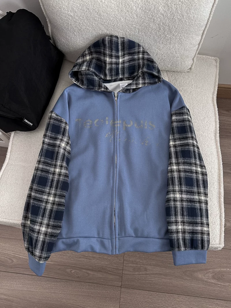 Áo khoác cardigan có mũ kiểu Mỹ dành cho nam và nữ, áo khoác chắp vá kẻ sọc mùa xuân thu, áo khoác cặp đôi dáng rộng hợp thời trang của thương hiệu thời thượng.