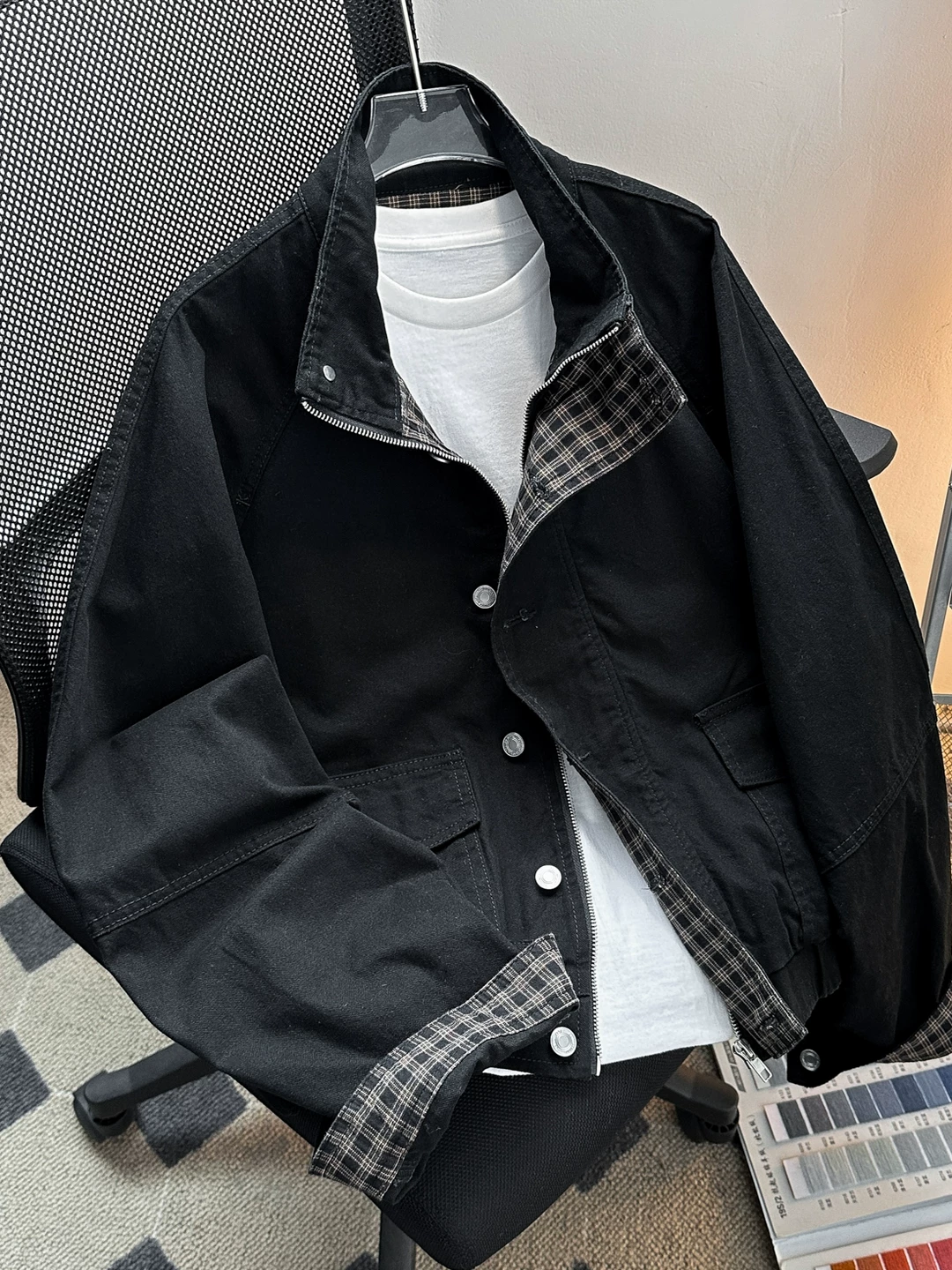 Áo khoác houndstooth dày dặn đã qua xử lý giặt cho nam, áo khoác casual cleanfit hợp thời trang mùa thu, áo cổ đứng phong cách retro Mỹ.