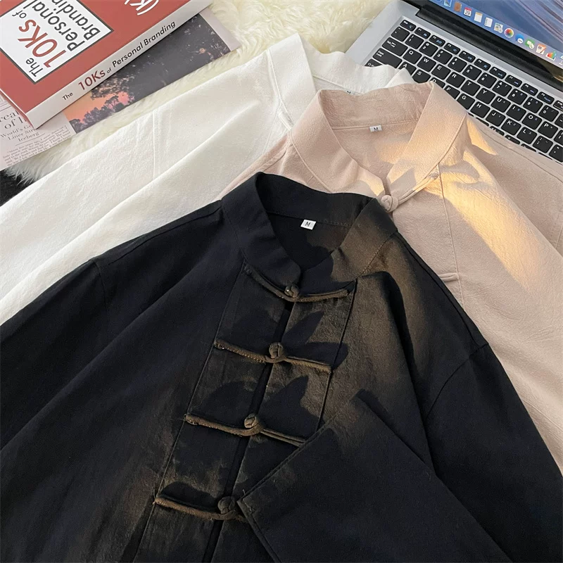 Áo sơ mi cài cúc kiểu Trung Quốc dành cho nam, tay dài, dáng rộng, áo sơ mi cổ đứng kiểu Trung Quốc mới, áo khoác kiểu Đường mỏng hợp thời trang mùa hè.