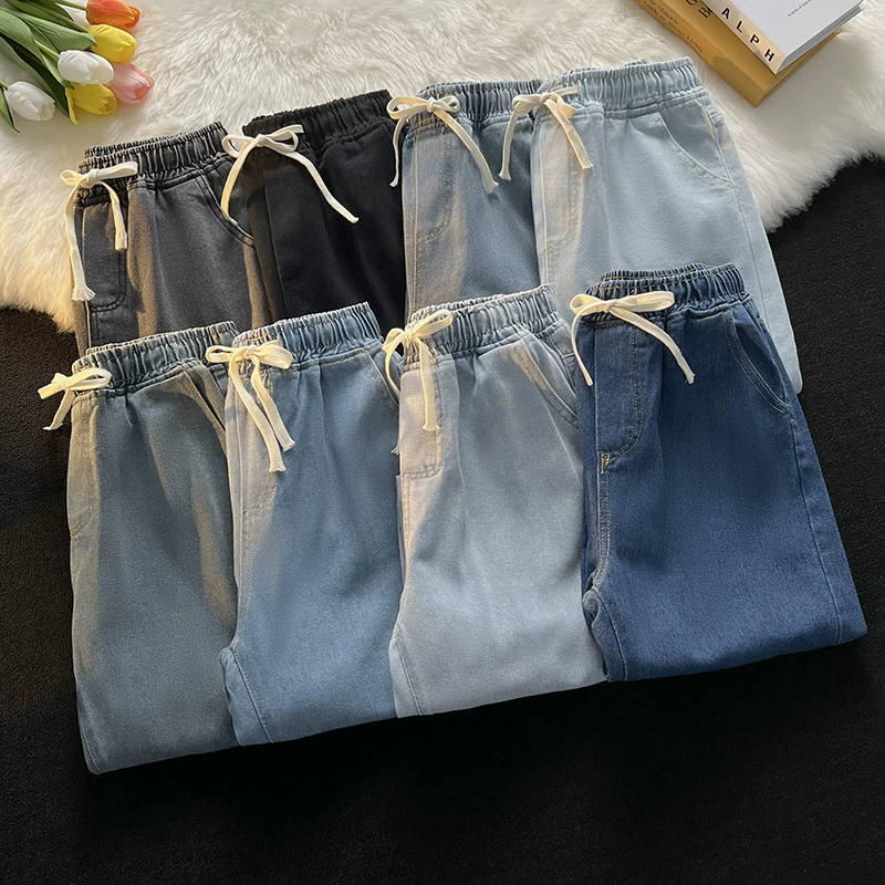Quần jean ống đứng có dây rút cho mùa xuân thu, quần nam phong cách Hồng Kông, quần dài ống rộng thoải mái, hợp thời trang, đa năng.