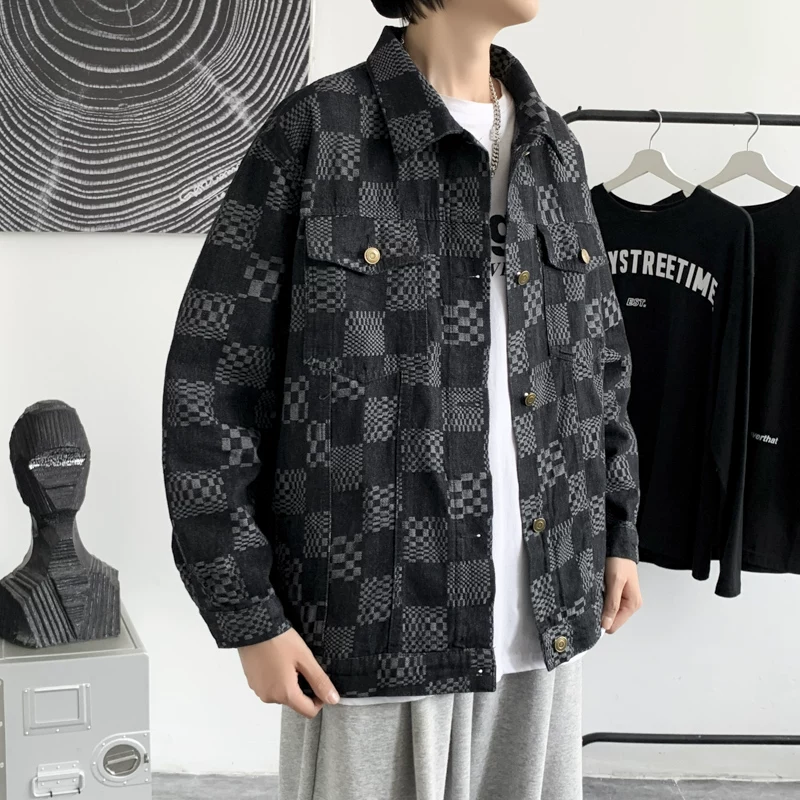 Áo khoác denim kẻ caro cao cấp dành cho nam, áo khoác workwear dáng rộng thời trang xuân thu, phong cách Hồng Kông cá tính.