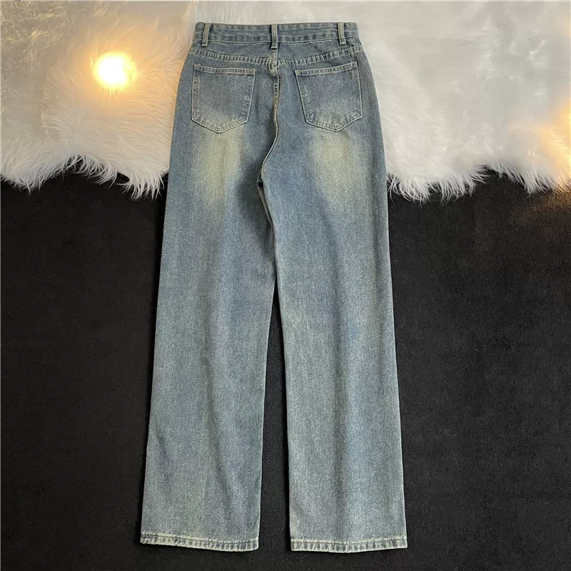 Quần jeans kiểu Mỹ giặt mềm cho mùa thu đông, quần ống đứng thời thượng dành cho nam, quần dài ống rộng phong cách đường phố retro.
