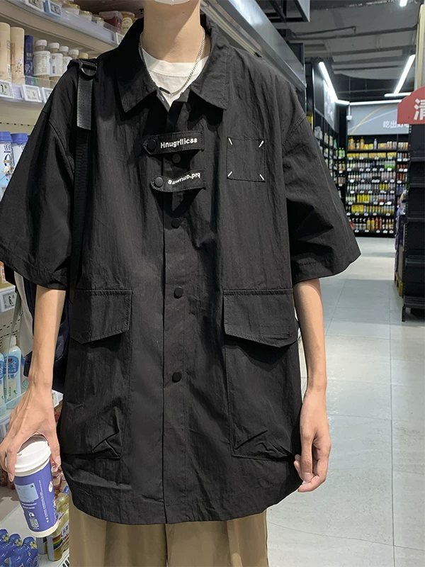 Áo sơ mi công sở có túi lớn dành cho nam, áo sơ mi ngắn tay kiểu cityboy Nhật Bản mùa hè, áo khoác mỏng dáng rộng thương hiệu thời thượng.