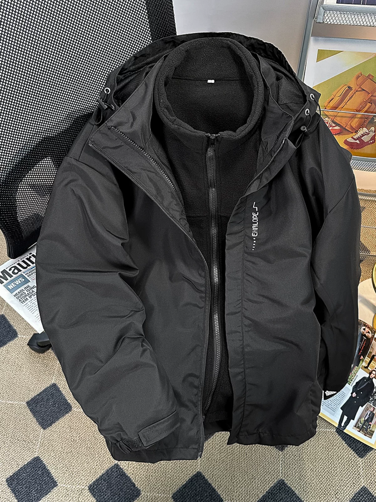 Áo khoác ba trong một, áo khoác cotton dày lót lông cừu dáng rộng mùa đông dành cho nam, áo khoác leo núi thương hiệu thời trang Mỹ, áo khoác cotton