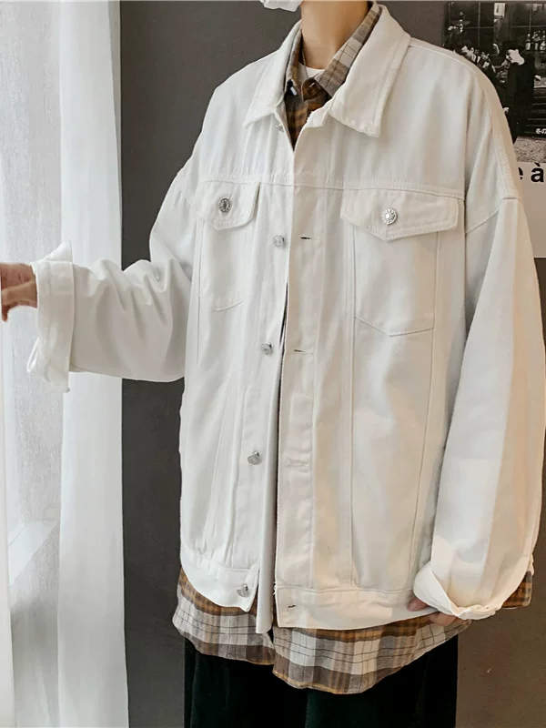 Áo khoác denim trắng cho nam 2024 mới mùa xuân thu phong cách cổ điển Hồng Kông kiểu dáng đa năng rộng rãi hợp thời trang áo khoác công sở