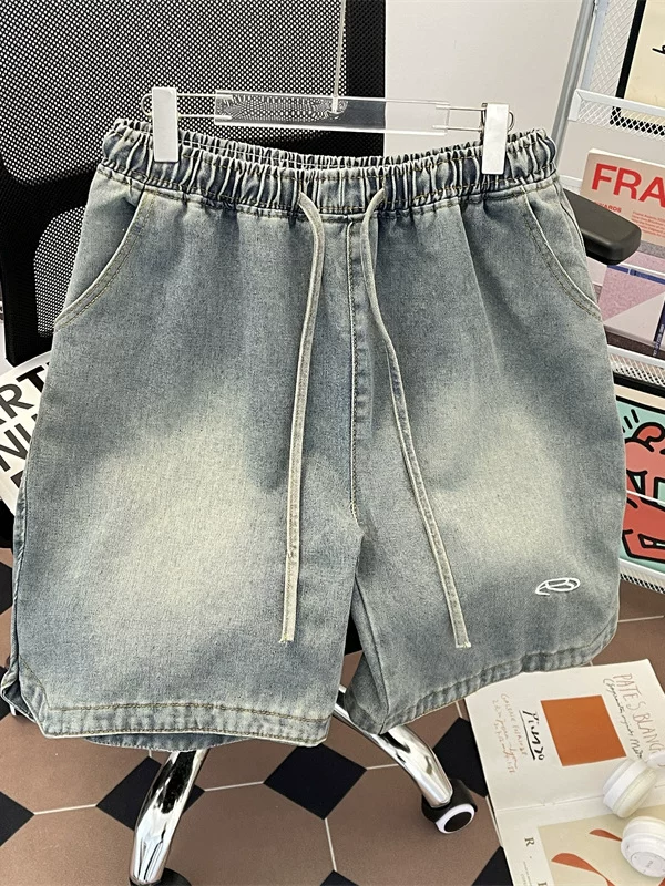 Quần short denim nam phong cách đường phố, quần năm phần dáng rộng mỏng nhẹ hợp thời trang mùa hè, quần dài vừa phải thêu họa tiết ống rộng kiểu Mỹ.