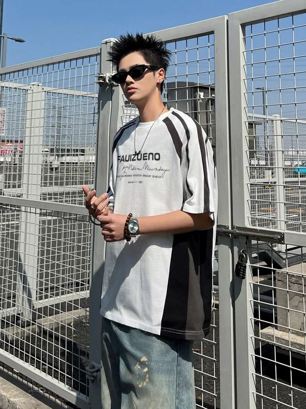 Áo thun ngắn tay phối màu cho nam, phong cách đường phố Mỹ, áo nửa tay cổ tròn cá tính, áo thun phong cách biker thời thượng.