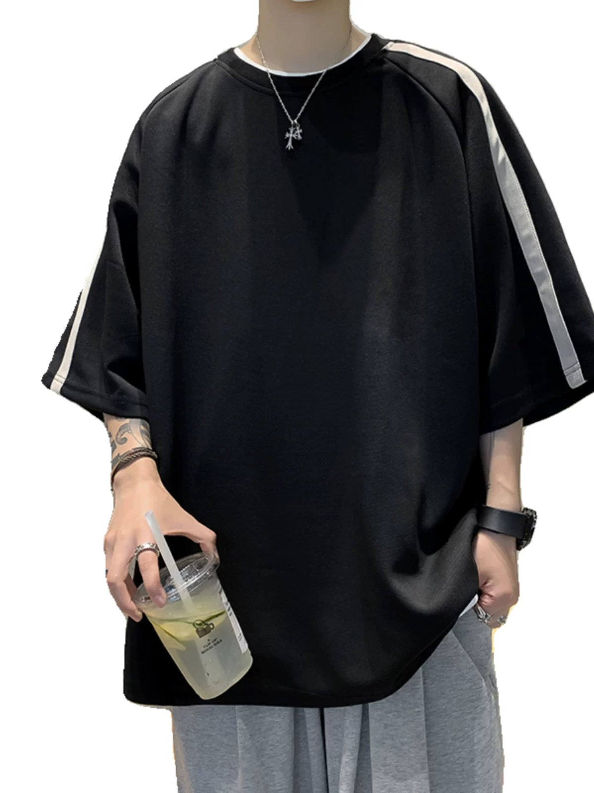 Áo thun nam tay lửng sọc kẻ, chất liệu dày dặn, phong cách Mỹ, thời trang mùa hè, kiểu dáng rộng rãi, thoải mái, đa năng, áo đôi.