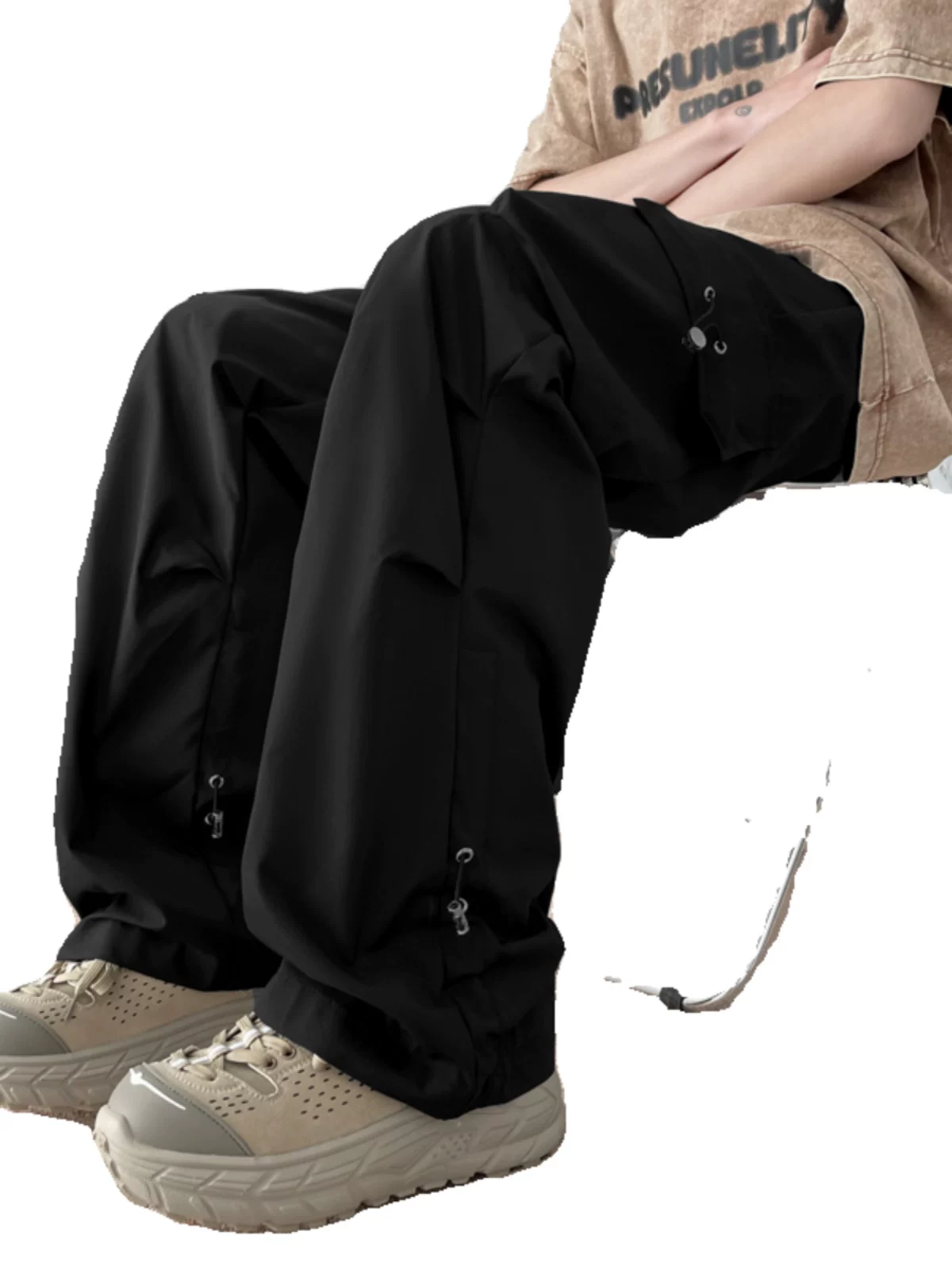 Quần công sở phong cách hip-hop kiểu Mỹ dành cho nam, mùa xuân, quần ống rộng, quần thể thao màu trắng mỏng, hợp thời trang.