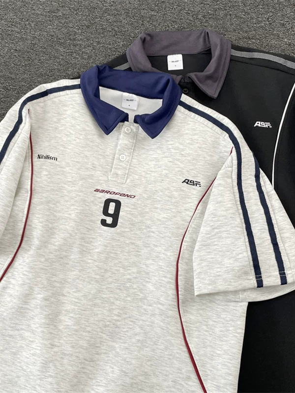 Áo polo thể thao kiểu Mỹ dành cho nam và nữ, phối màu, có cổ, tay ngắn, thiết kế thời thượng, áo bóng rổ dáng rộng.