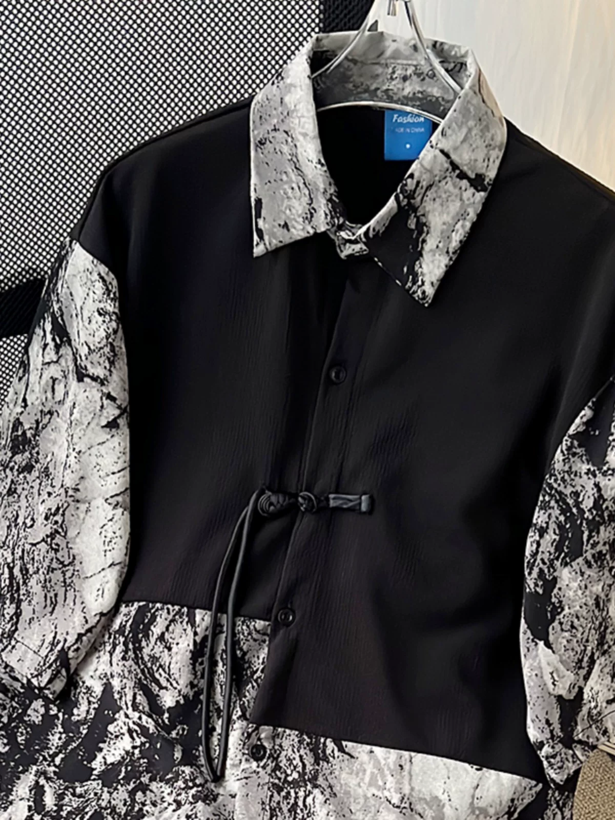 Áo sơ mi nam phối màu nhuộm chàm, kiểu Trung Quốc mới, tay ngắn, mùa hè, dáng rộng, thời trang cao cấp.