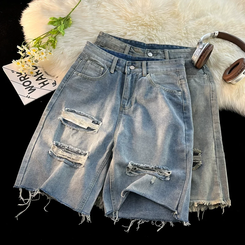 Quần short denim rách cho nam, phong cách Mỹ thời thượng, quần đã qua xử lý giặt mềm, dáng rộng mùa hè, quần short năm phần cá tính và sành điệu.