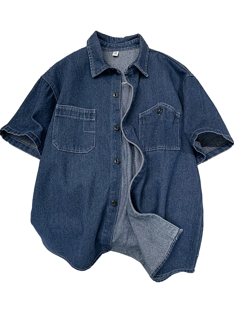Áo sơ mi denim giặt kiểu Nhật dành cho nam, áo sơ mi ngắn tay retro rộng rãi hợp thời trang với thiết kế kiểu Mỹ, áo khoác dáng rộng thoải mái.