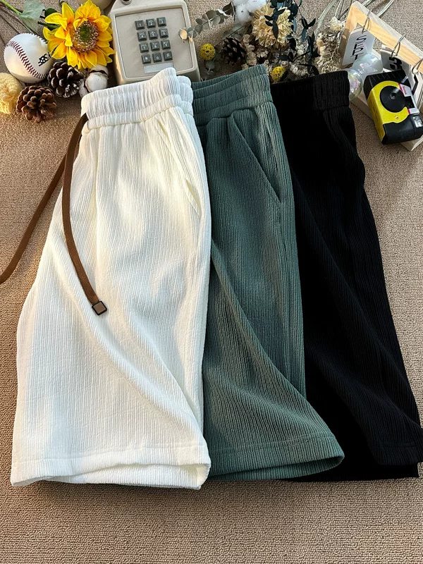 Quần short vải lụa mát mẻ mùa hè dành cho nam, phong cách Hồng Kông, có dây rút, đa năng, quần short dài vừa phải, rộng rãi, hợp thời trang, thể thao, giản dị.