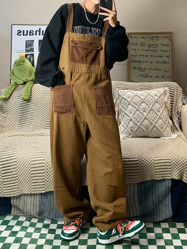 Quần yếm denim phong cách retro Nhật Bản dành cho nam, quần công sở ống rộng mùa hè, thiết kế thương hiệu thời thượng, quần dài dáng rộng thoải mái.