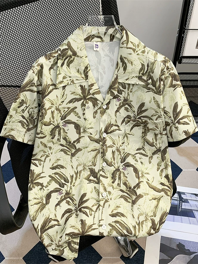 Áo sơ mi hoa ngắn tay in họa tiết lá cây dành cho nam, áo sơ mi đi biển phong cách nghỉ hè, áo cổ Cuba phong cách lười biếng thời thượng