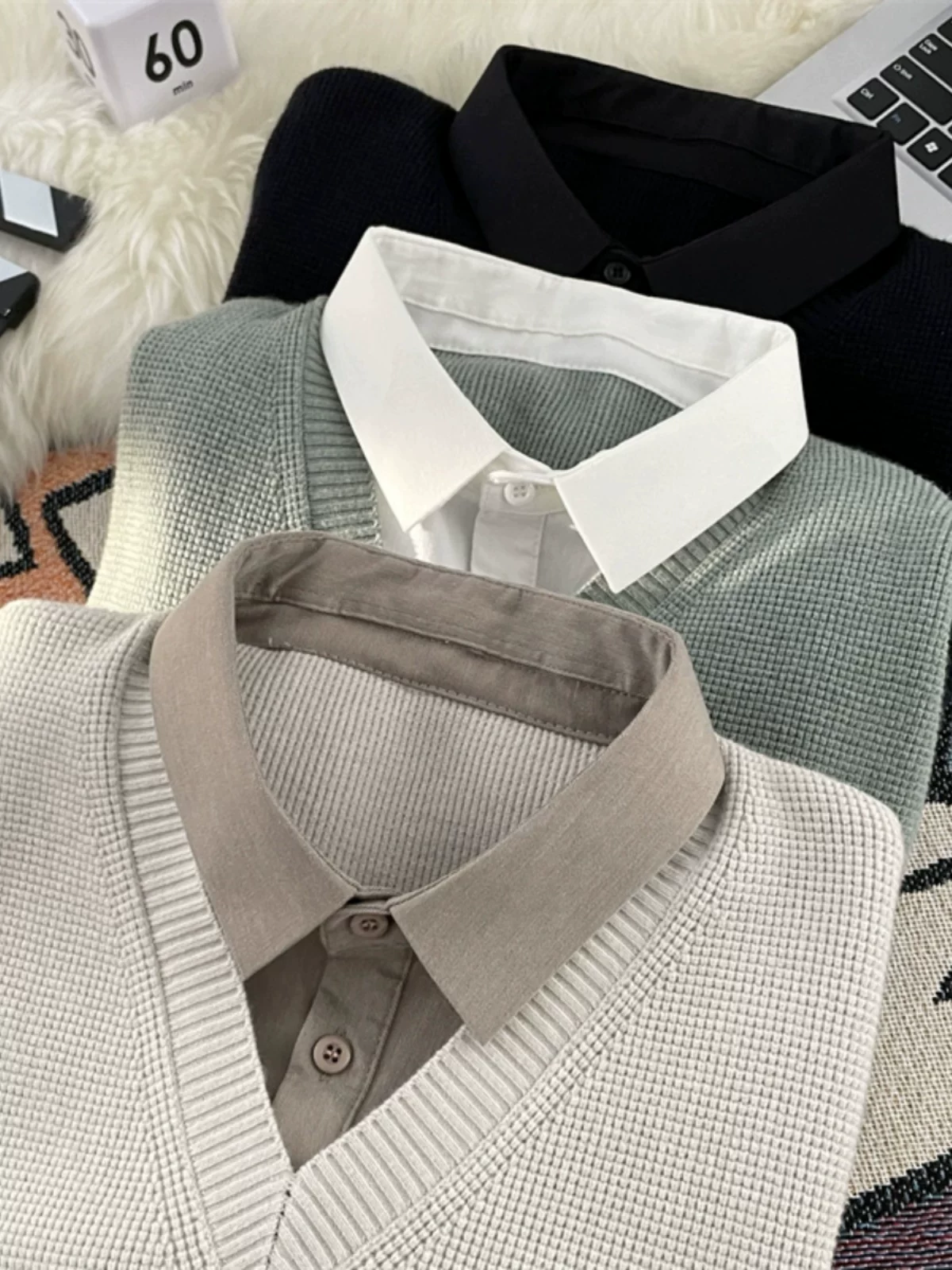 Áo sơ mi giả hai mảnh kiểu Nhật dành cho nam, áo len dệt kim thời trang xuân thu, áo sơ mi dáng rộng phong cách Mỹ.