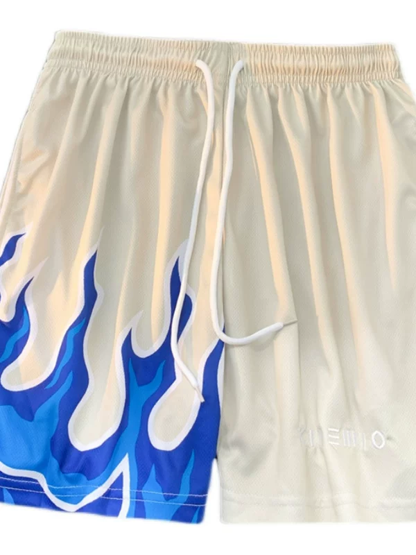 Quần short thể thao nhuộm màu kiểu Flame dành cho nam, quần short bóng rổ hip-hop Mỹ dáng rộng, kiểu dáng mỏng mùa hè, quần năm phần thời trang dành cho cặp đôi.