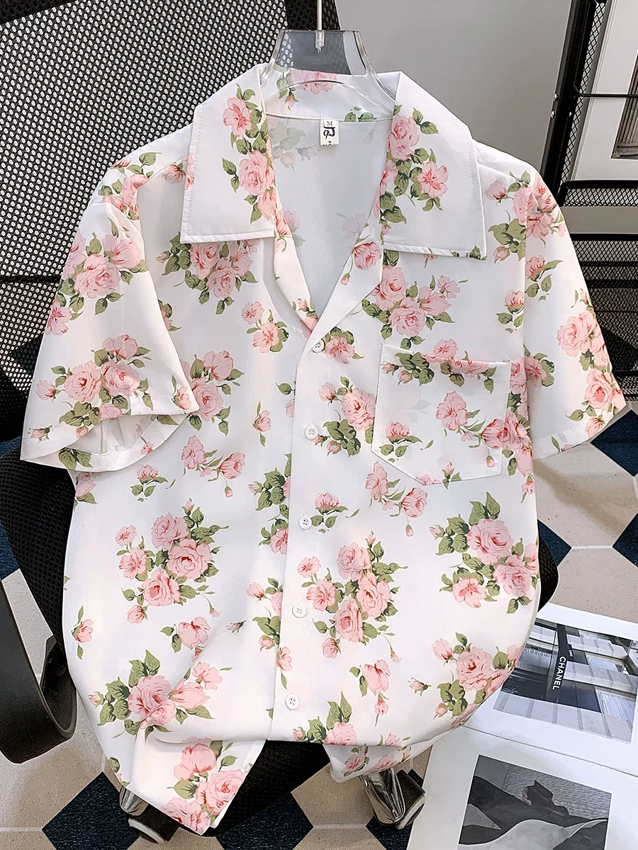 Áo sơ mi in họa tiết thời trang kiểu Nhật dành cho nam, áo sơ mi ngắn tay mùa hè, áo đôi chất liệu lụa đá Hawaii.