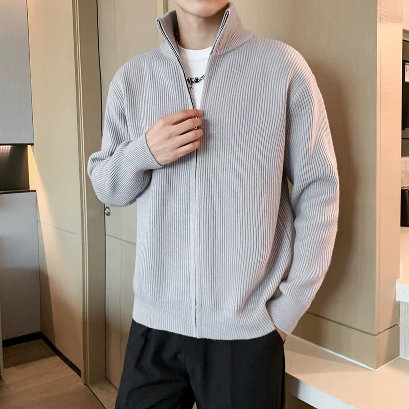 Áo khoác cardigan dệt kim thời trang dành cho nam, phong cách Hàn Quốc thu đông, kiểu dáng lịch lãm và trưởng thành, áo khoác len cổ đứng thời thượng.