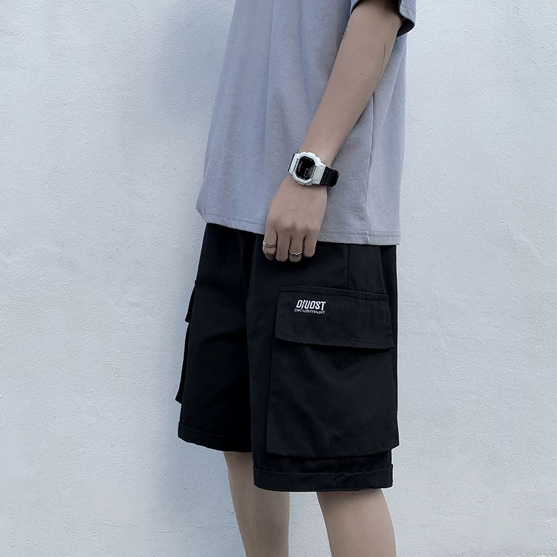 Quần short học sinh kiểu Nhật dành cho nam, quần dài vừa ống đứng nhiều túi hợp thời trang mùa hè, quần short ống rộng đa năng.