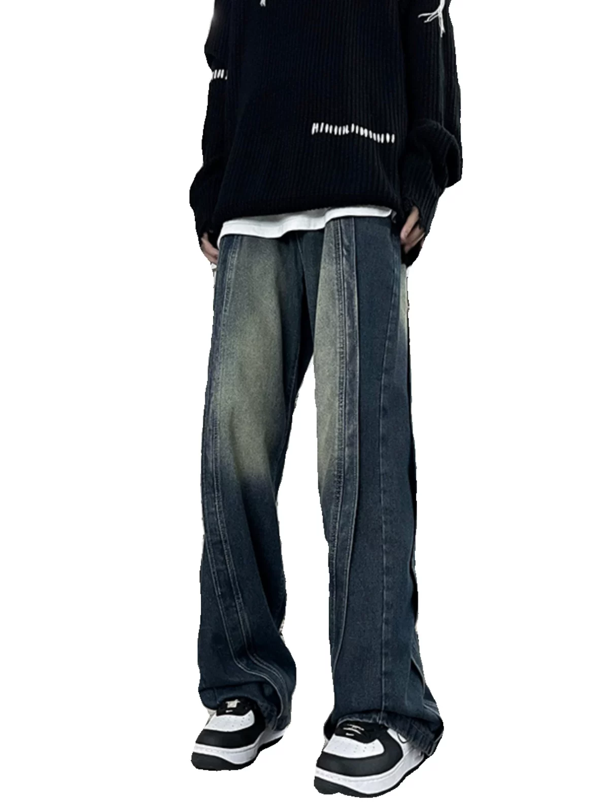 Quần jeans nam may vá nhiều lớp, kiểu dáng cũ kỹ, phong cách hip-hop Mỹ mùa thu, quần ống rộng thoải mái, hợp thời trang.