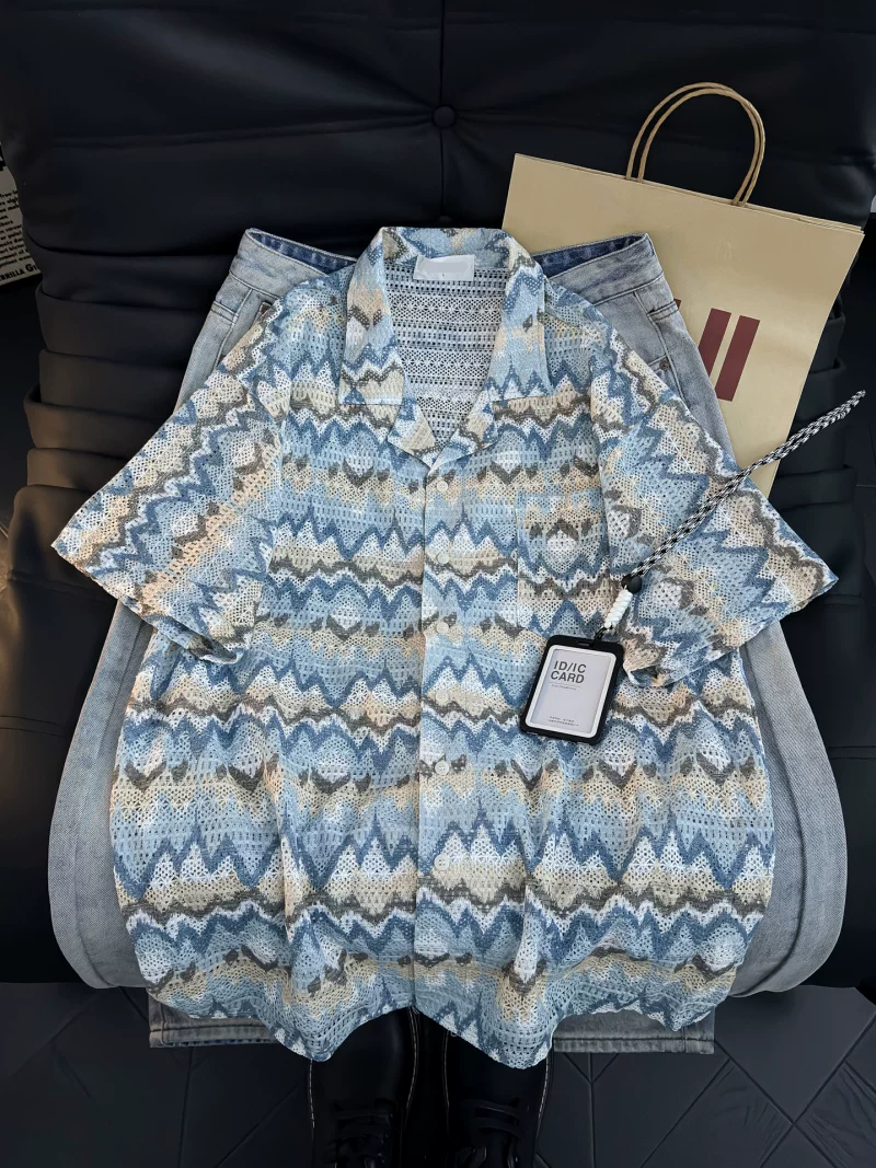 Áo sơ mi ngắn tay phong cách retro của Mỹ dành cho nam, áo khoác sơ mi dáng rộng có cổ mùa hè, thương hiệu thời thượng, áo đa năng phong cách giản dị, cá tính