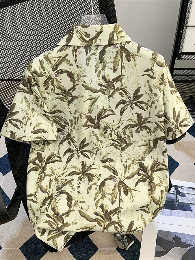 Áo sơ mi hoa ngắn tay in họa tiết lá cây dành cho nam, áo sơ mi đi biển phong cách nghỉ hè, áo cổ Cuba phong cách lười biếng thời thượng