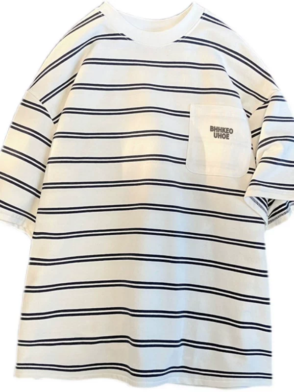 Áo thun kẻ sọc kiểu Nhật dành cho nam 2024, mẫu mới hè, chất liệu cotton nguyên chất, tay ngắn, kiểu dáng rộng rãi, thời trang, đa năng, dành cho học sinh, cặp đôi.