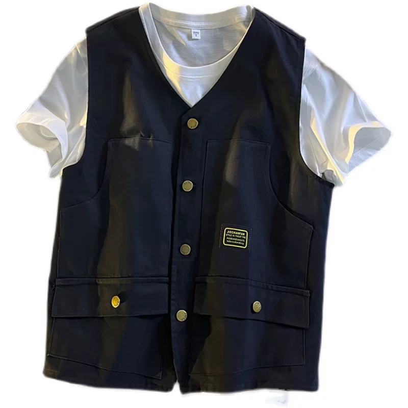 Áo vest công sở mùa xuân thu dành cho nam, áo khoác ngoài phong cách Hồng Kông, thương hiệu thời thượng, áo khoác không tay rộng rãi đa năng.