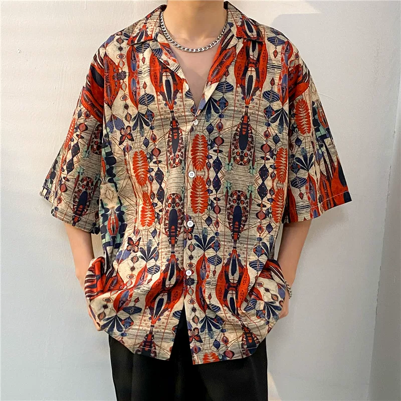Áo sơ mi họa tiết hoa phong cách dân tộc dành cho nam, tay ngắn, thương hiệu thời thượng với kiểu dáng rủ đẹp, áo kiểu sành điệu cho mùa xuân hè, áo sơ mi dáng rộng tay lửng.