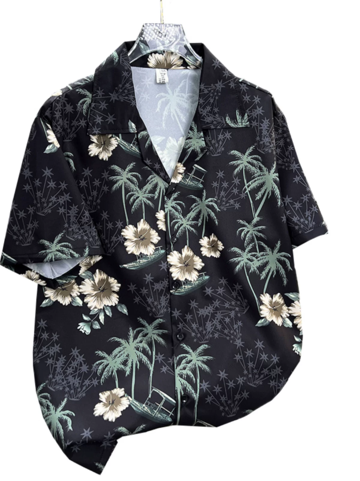 Áo sơ mi hoa bãi biển chất liệu lụa băng dành cho nam, tay ngắn, kiểu cổ Cuba phong cách Mỹ thời thượng, cao cấp mùa hè, kiểu dáng thời trang và rộng rãi.