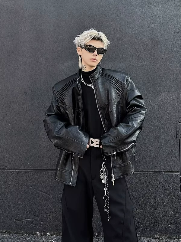 Áo khoác da PU thiết kế gờ kim loại, kiểu dáng đường phố Mỹ mùa xuân, áo khoác ngắn với cổ đứng độc đáo dành cho nam.