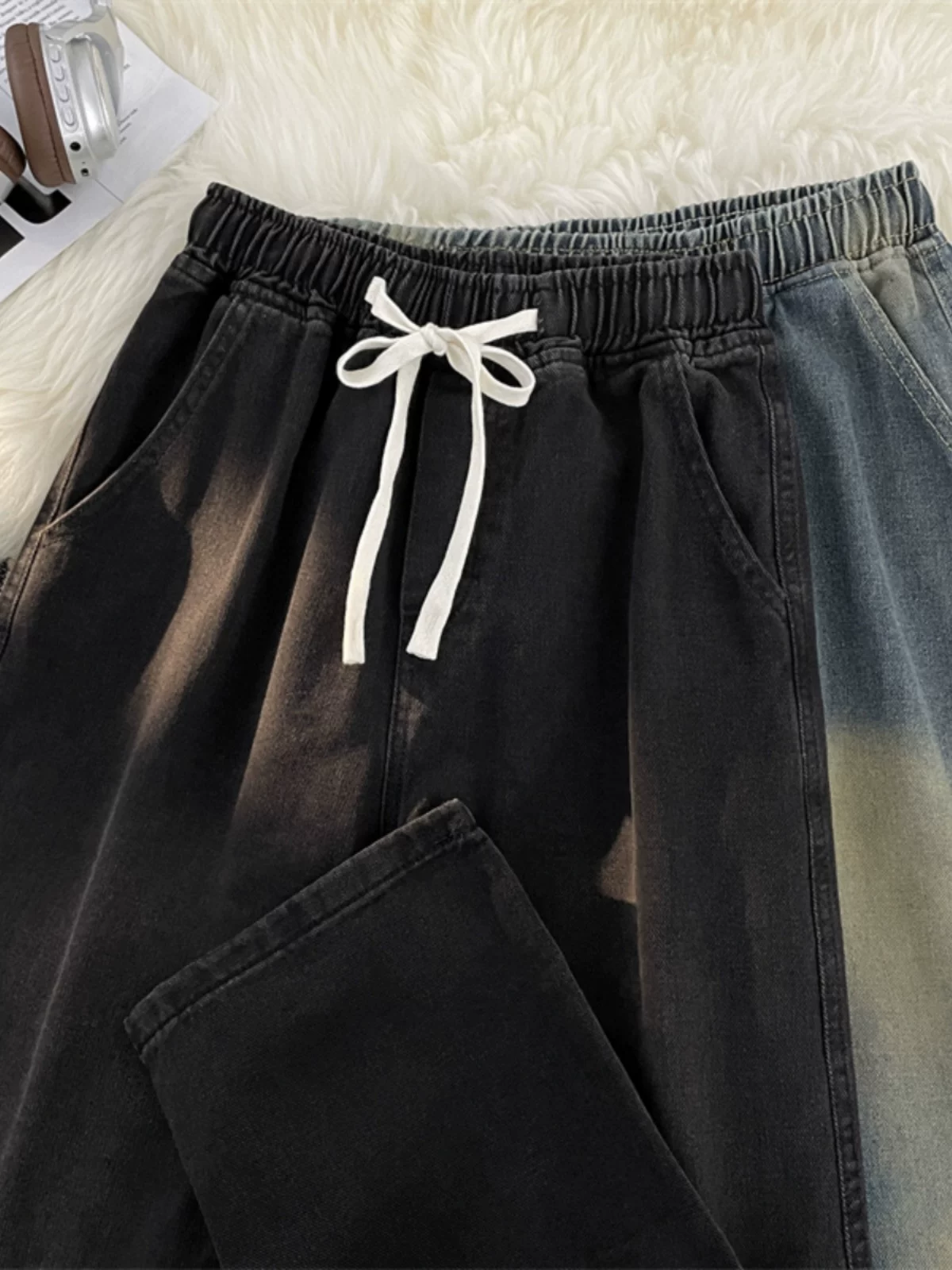 Quần jean denim kiểu Mỹ dành cho nam, thương hiệu thời thượng, quần lưng thun dây rút mùa thu đông, quần dài ống rộng thoải mái.