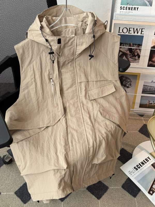 Áo vest có mũ trùm đầu, thoáng khí, đa năng dành cho nam giới, áo khoác vest không tay kiểu Mỹ, phong cách núi, dáng rộng, hợp thời trang mùa hè.