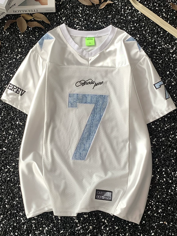 Áo thun thể thao tay ngắn cổ chữ V dành cho nam và nữ, áo thun kỹ thuật số thoáng khí nhanh khô phong cách Mỹ mùa hè, thiết kế rộng rãi, quần áo lụa băng