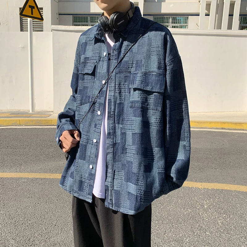 Áo sơ mi denim retro hợp thời trang, áo sơ mi dài tay đa năng, phong cách Hồng Kông, áo khoác công sở phong cách Hàn Quốc mùa hè dành cho nam