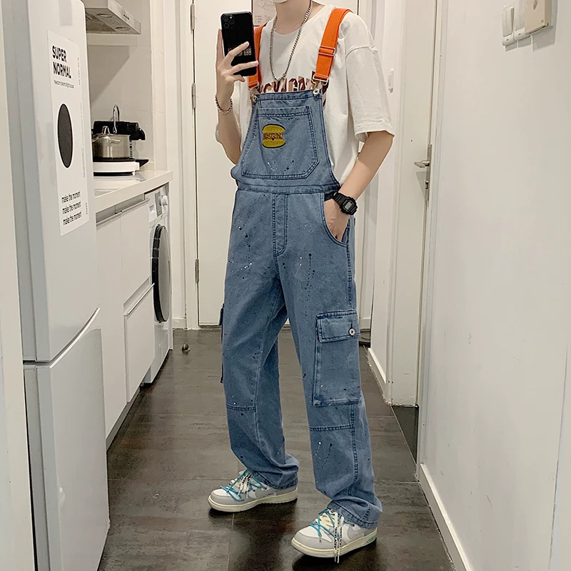 Quần yếm kiểu Mỹ cổ điển dành cho nam, quần jean cặp đôi hợp thời trang mùa xuân thu, quần ống rộng phong cách Hồng Kông.