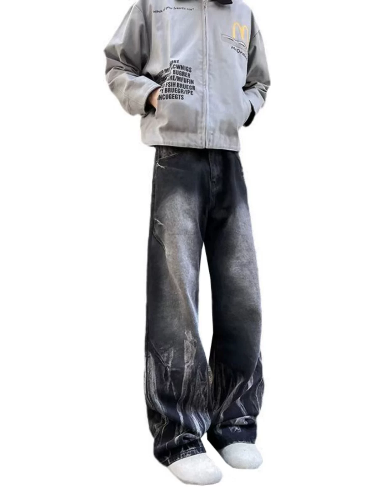 Quần jeans tie-dye retro Mỹ dành cho nam, mẫu mới xuân thu 2024, quần ống rộng dáng suông, chất liệu washed, thương hiệu thời trang.