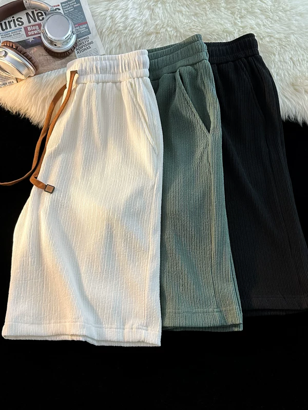 Quần short vải lụa mát mẻ mùa hè dành cho nam, phong cách Hồng Kông, có dây rút, đa năng, quần short dài vừa phải, rộng rãi, hợp thời trang, thể thao, giản dị.